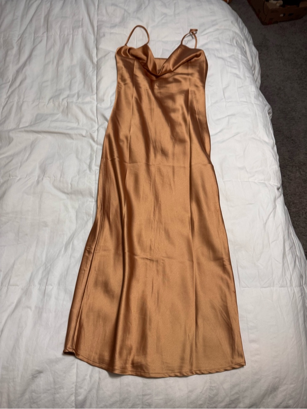 Beginning Boutique Copper Satin Midi Slip Dress